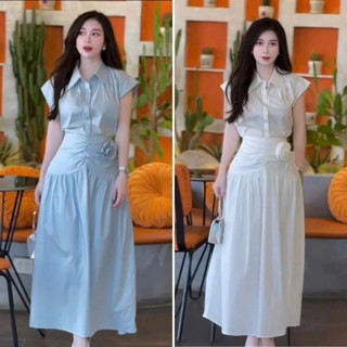Set nữ áo sơ mi tay ngắn, Chân váy nhún dáng dài eo phối tag hoa cài Hb.closet S216