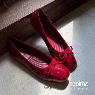 (NƠ TRƠN) Giày Búp Bê Mũi Vuông Da Bóng Giày đế bệt đơn giản phong cách Coquette nàng thơ tiểu thư