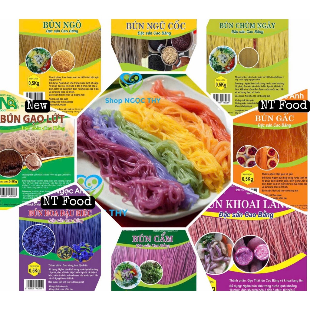 Bún phở khô ngũ sắc gạo lứt Cao Bằng gói 500gr (đen ngũ cốc, ngô, khoai lang, chùm ngây, gấc, lá cẩm, đậu biếc)