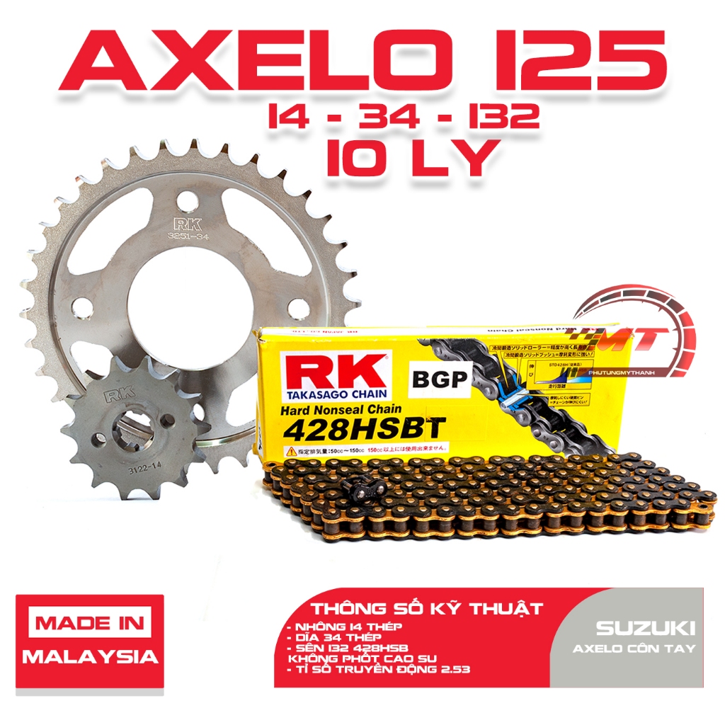 Nhông sên dĩa xe Suzuki Axelo 125cc côn tay sên RK vàng đen 428HSB ( 10 ly )