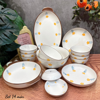 Bát Đĩa Gốm Sứ Decor, Bát Ăn Cơm, Bát Ăn Chè, Chén Dĩa Dễ Thương Bộ Bát Đĩa Hoa Vàng 15 Món Cực Đẹp Gomsudecor21