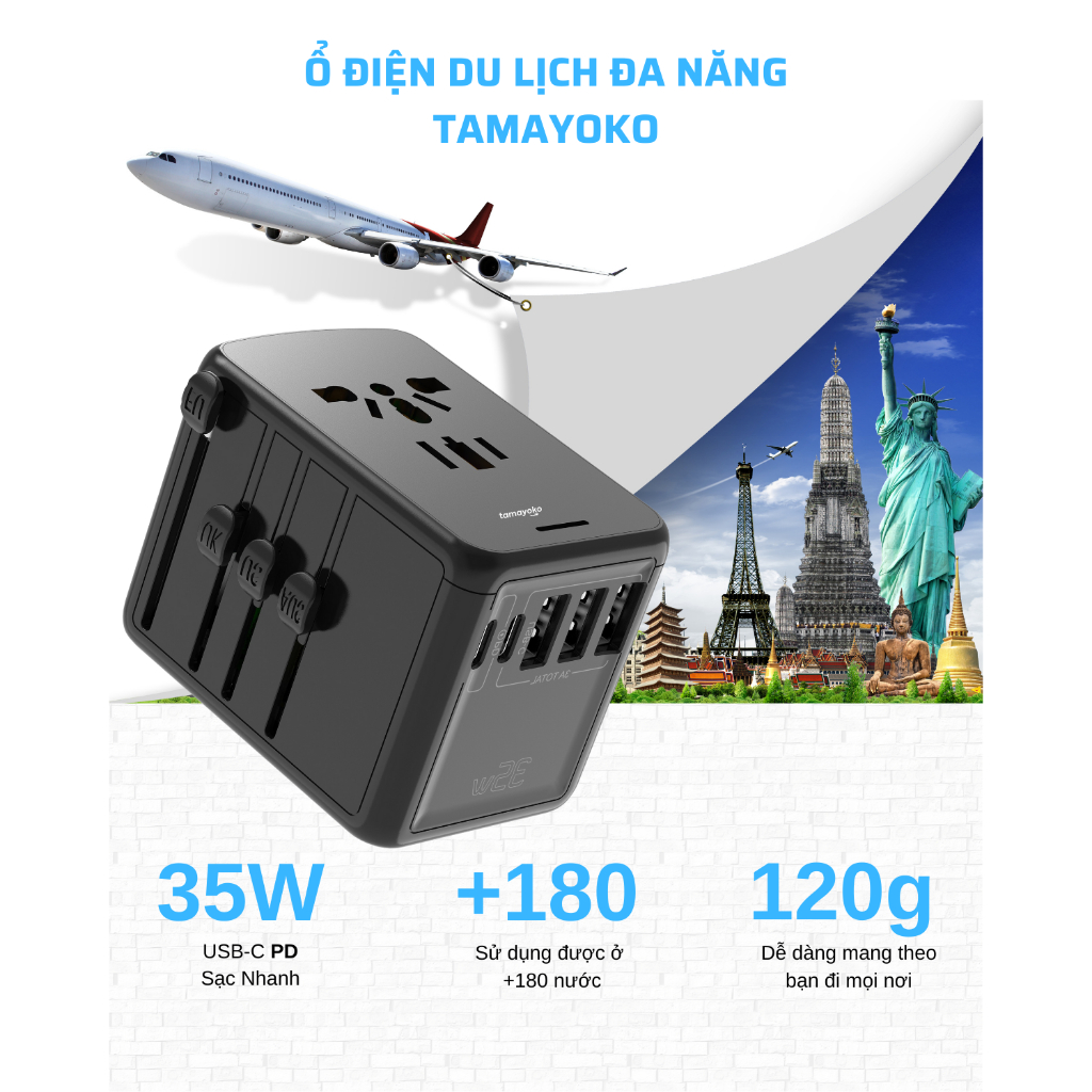 [Sạc Nhanh PD 35W] Củ Sạc Đa Năng Ổ Cắm Điện Du Lịch Tamayoko Công Suất 2000W 4 Cổng USB-C, USB | BigBuy360 - bigbuy360.vn