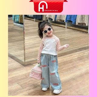 Set áo dài tay phối màu thắt nơ kèm quần jeans thêu chữ miu cực chất cho bé gái - HNOrderChina