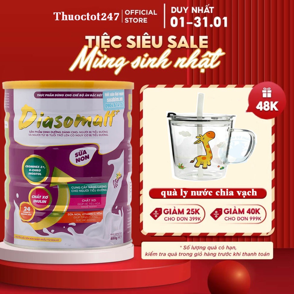 Sữa Tách Đường Diasomalt 850g Ổn Định Đường Huyết, Ngăn Ngừa Biến Chứng, Tăng Sức Đề Kháng, Bổ Sung Dinh Dưỡng Toàn Diện