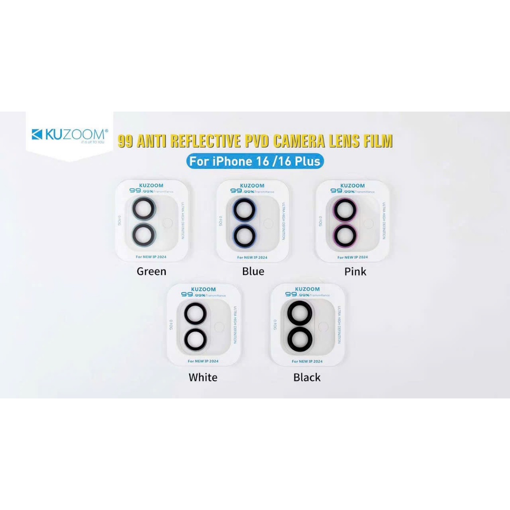 Dán lens bảo vệ camera PVD 2 tầng Iphone 16 , 16 Plus , 16 Pro, 16 Pro Max có khung trợ dán hãng KUZ