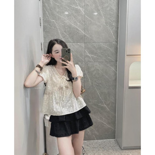 Áo thô hoa babydoll viền ren tay bồng hàng QC freesize