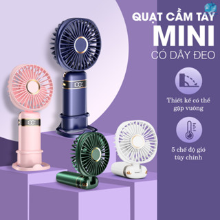 Quạt Cầm Tay Mini Tích Điện Du Lịch Pin Trâu 5 Tốc Độ Gió Gấp Gọn Màn Hình Led Hiển Thị Có Dây Đeo Siêu Mát Nhỏ Gọn