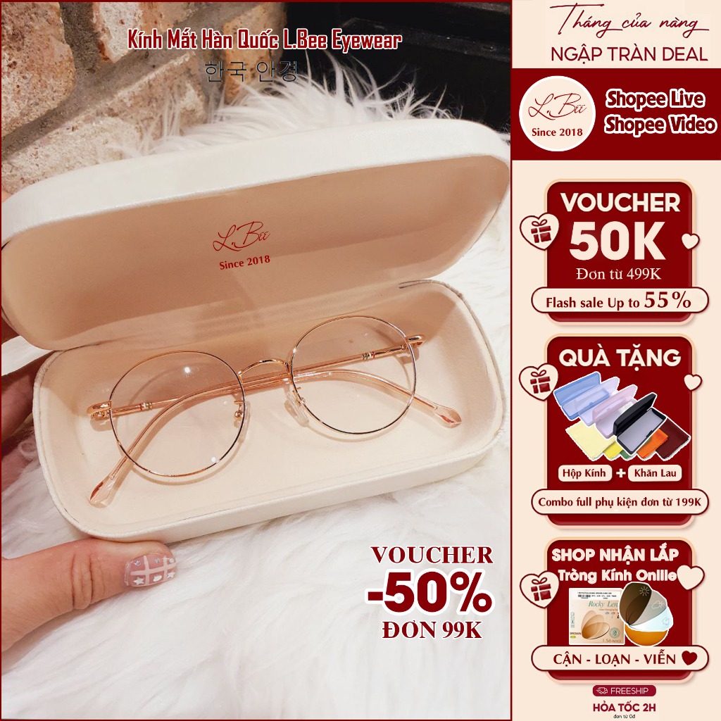 Gọng kính cận nữ mắt tròn kim loại L.BEE, kính tròn mắt nhỏ cao cấp chống ánh sáng xanh LB9120