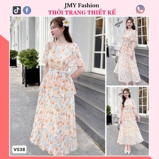 V538 Váy đầm hoa cam maxi cổ yếm hở vai đi biển (tặng kèm đai) [TH Hà Thanh] váy hoa nhí dáng xòe dài 2 tầng nữ tính