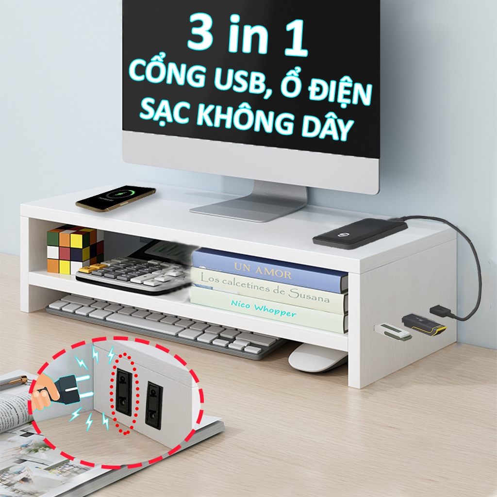 Kệ để máy tính  có USB hub kệ màn hình kê pc 2 tầng trắng giá đỡ laptop decor bàn học kê vi tính