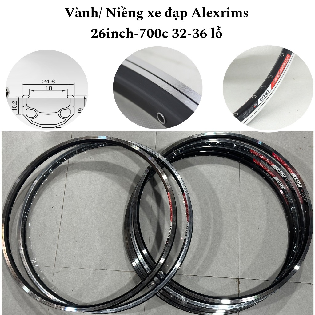 Vành ( Niềng ) Xe đạp 26inch 700c Alexrims DH19 32-36 lỗ, Vành xe đạp 26 inch 700c nhôm 2 lớp có khu