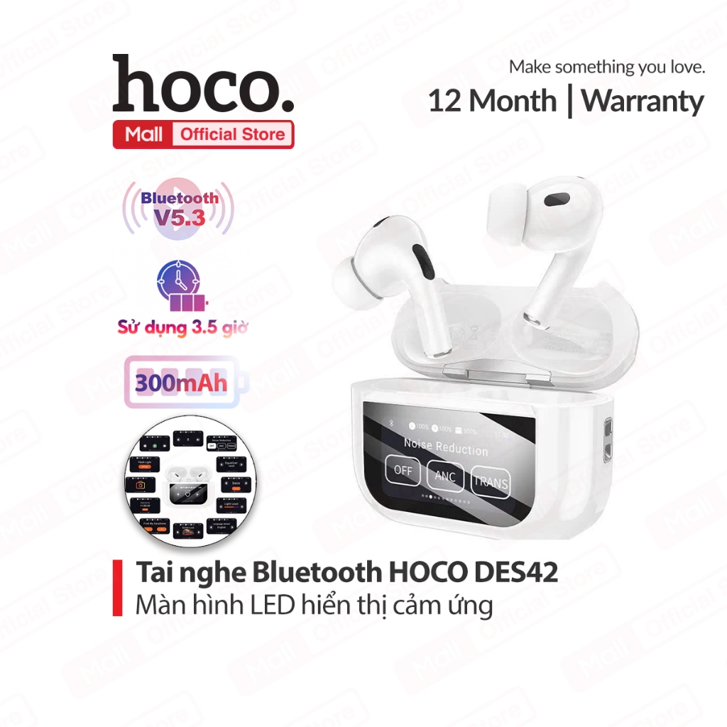 Tai nghe bluetooth V5.3 Hoco DES42 hỗ trợ màn hình hiển thị cảm ứng,pin 300mAh, chống ồn ANC,tính năng tìm kiếm tai nghe