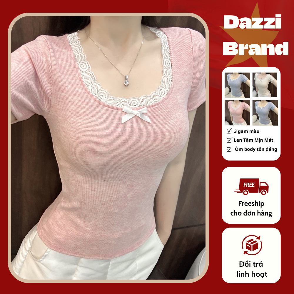 Áo thun ôm nữ Babytee DAZZI phối nơ 💖𝐅𝐑𝐄𝐄 𝐒𝐇𝐈𝐏💖 Áo thun tăm nữ viền ren nơ chất mịn mát A015