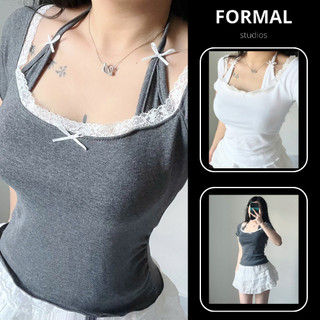 Áo cộc tay cổ viền ren đính nơ phối dây yếm hottrend F151 Áo nữ cộc tay cổ viền ren