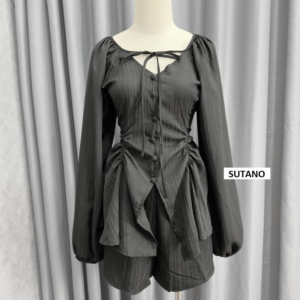 Set bộ đồ nữ đũi gân áo rúm eo cúc bọc phối quần váy xòe tiểu thư set bộ tiểu thư sang chảnh B340 SUTANO | BigBuy360 - bigbuy360.vn