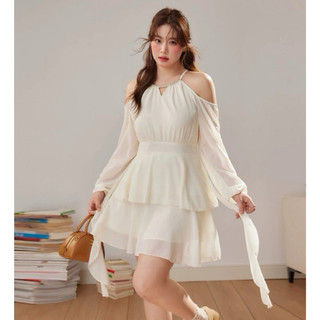 Sẵn [Bigsize 50-90kg] Đầm nữ voan Bigsize khoét vai hai tầng trắng kem sang trọng kiểu Pháp tua rua hot 2025
