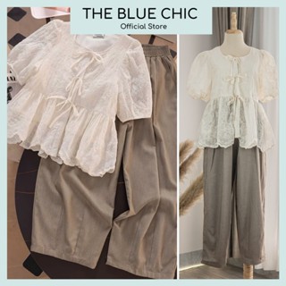 Set Tiểu Thư Azami 2 Món Blue Chic Áo Sơ Mi Babydoll Thêu Hoa Phối Quần Vải Xước Nhật Style Retro Sang Trọng Thanh Lịch