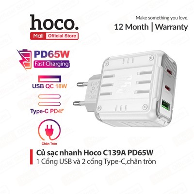 Củ sạc nhanh PD65W Hoco C139A 1 cổng USB và 2 cổng Type-C tương thích nhiều thiết bị, chân tròn
