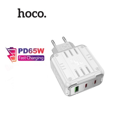 Củ sạc nhanh PD65W 1 cổng USB và 2 cổng Type-C Hoco C139A chất liệu PC+ABS chống cháy, chân tròn