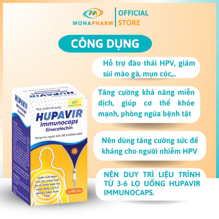 Thực phẩm bổ sung HUPAVIR Immunocaps hỗ trợ đào thải HPV, sùi mào gà dùng cho người sức đề kháng kém - Lọ 60 viên