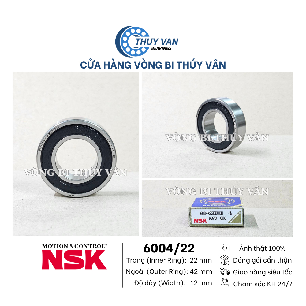 Vòng bi bạc đạn hạt tròn nhỡ 6004, lỗ trong 22, 6004/22, (22x42x12), phớt cao su DDUCM, hãng NSK Nhậ