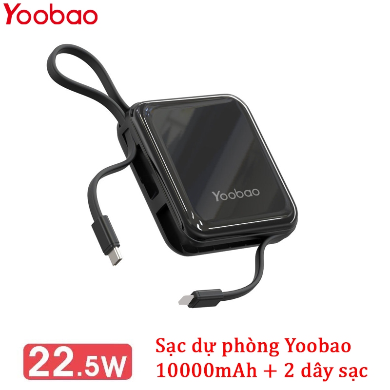 Sạc dự phòng có dây Yoobao LK10 dung lương 10000mAh, 2 dây đi kèm Type C và LN, LED hiển thị pin, nhỏ gọn