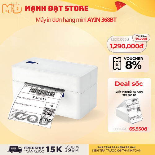 Máy in đơn hàng mini AYIN 368BT in từ điện thoại khổ in A7,đơn sàn TMĐT, mã vận chuyển, tem