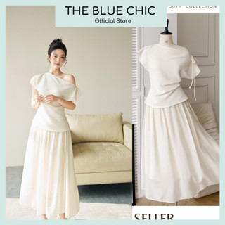 Set Đồ Bora Tiểu Thư Blue Chic Áo Kiểu Lệch Vai Đính Nơ Tay Kèm Chân Váy Cạp Chun Đi Chơi Dạo Phố Sang Chảnh Thanh Lịch