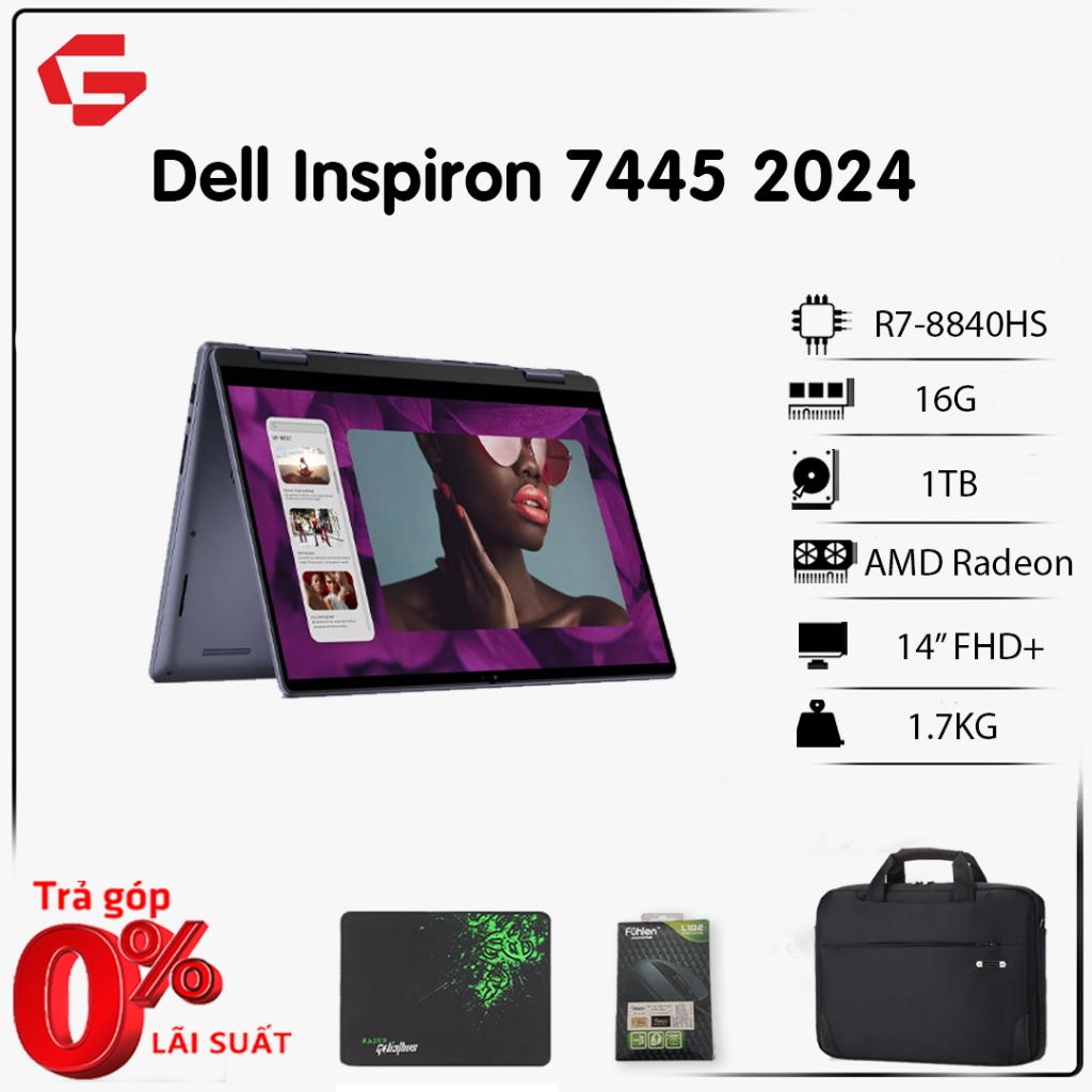 [Mới 2024] Laptop Dell Inspiron 14 7445 2 in1 (Ryzen R7-8840HS, RAM 16G, SSD 1TB, 14" FHD+ Touch)