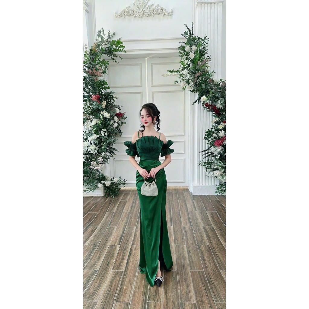 Đầm dạ hội phi lụa 2 dây bèo tay [ Đầm dạ hội dự tiệc ] xanh, đỏ, vàng, trắng, đen M044