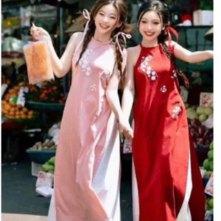 Set áo dài yếm áo dài cách tân cổ yếm in hoa kèm quần ống rộng cực dễ thương cho nữ đi chơi dự tiệc trung thu áo dài tết