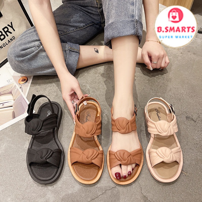 Giày Sandal Nữ Quai Ngang Nơ Đan Chéo Đế Nhựa Mềm Êm Chân, Dép Quai Hậu Nữ Đế Thấp Thời Trang