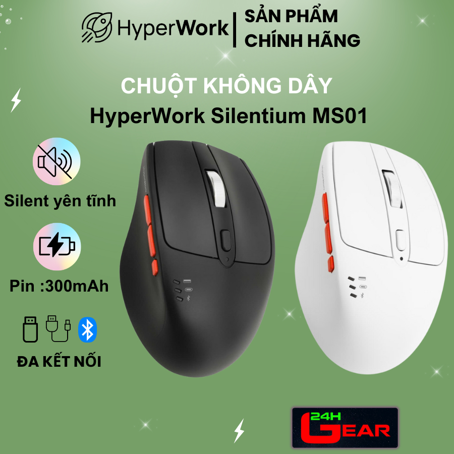 Chuột không dây HyperWork Silentium MS01 (Switch silent yên tĩnh, kết nối 3 Mode)