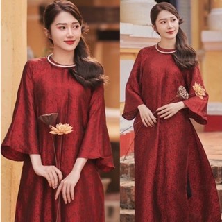 Áo dài cách tân , áo dài gấm đỏ  ,áo dài dáng suông tay lỡ hàng may sẵn Áo Dài Ngọc Huyền