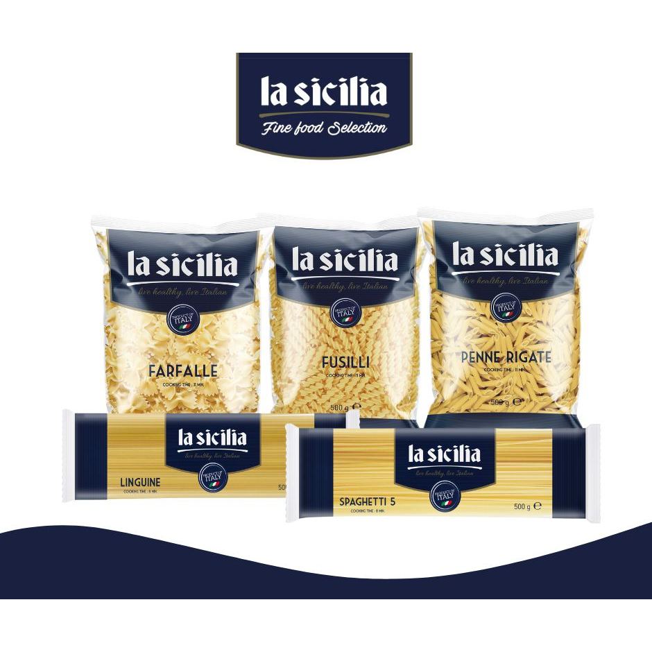 La Sicilia- Nui nơ Farfalle - Nui xoắn Fusilli- Nui xéo Penne Rigate- 500g