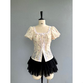 Áo sơ mi tay bí phồng vải boil thêu hoạ tiết hoa vintage