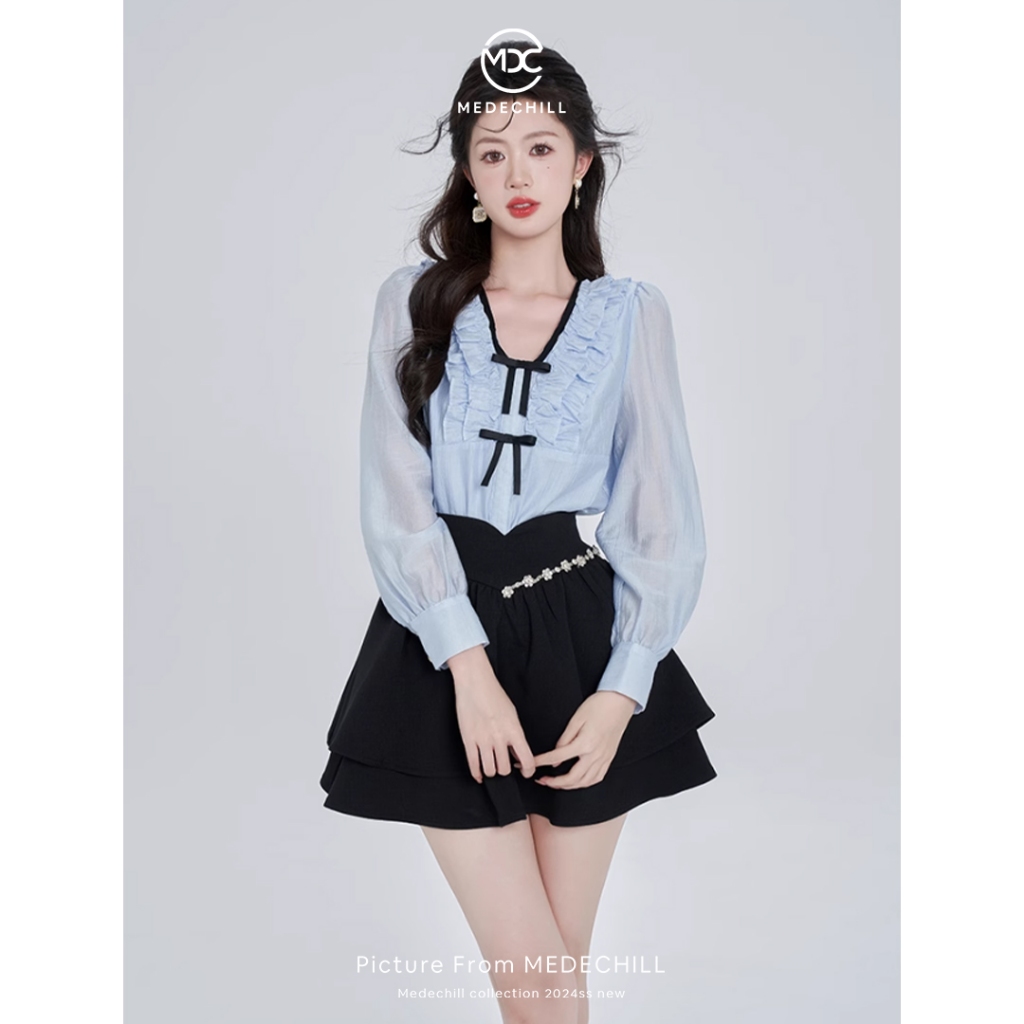 Set Áo Tơ Cổ Bèo Gắn Nơ Dài Tay, Chân Váy Cạp Cao Xếp Ly Gắn Đá Medechill Set Tiểu Thư Siêu Xinh Thanh Lịch S662