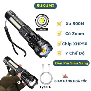 Đèn pin cầm tay siêu sáng XHP50 chiếu xa 500m có Zoom, pin trâu 2600mAh, chống nước IPX6, Có COB Led 7 chế độ sáng