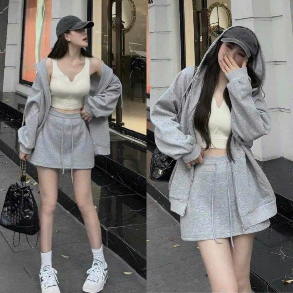 Set Áo Hoodie Zip Phối Áo 3 Lỗ Len Zip Dày Dặn Mix Chân Váy Chữ A Umi Cá Tính (Ảnh Thật Trải Sàn) Lollaye