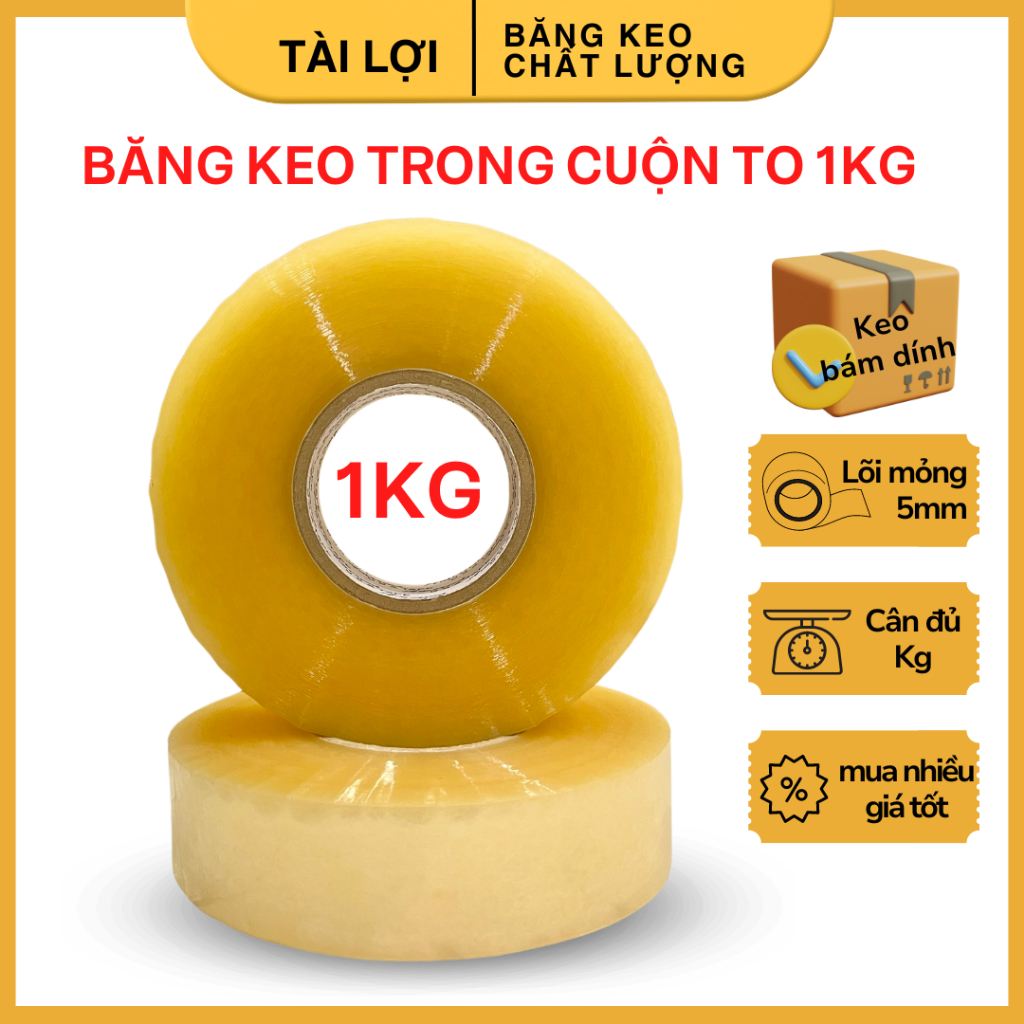 Băng keo trong cuộn to 1kg 600ya, 500gr 300ya khổ 4.8cm keo dày 55mic bám dính dai chịu lực tốt lõi giấy mỏng - Tài Lợi