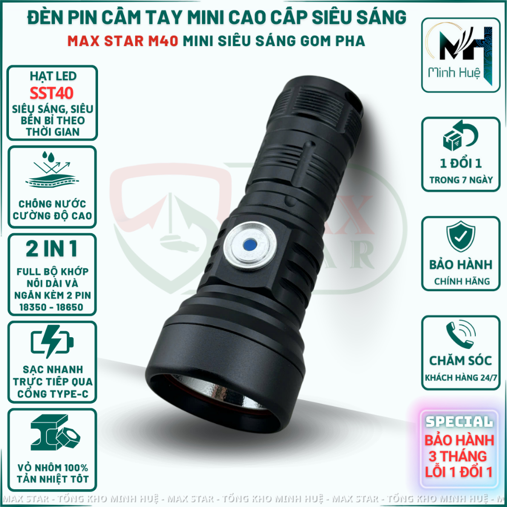 Đèn pin cầm tay mini siêu sáng gom pha MAX STAR M40 vỏ nhôm chống nước IPX7 led sst40 cao cấp
