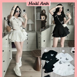  Set Bộ Đồ Nữ MIU Thêu Bướm Áo Tăm Ôm Body Vạt Bầu Mix Chân Váy Dập Ly Xòe 2 Tầng Freesize 