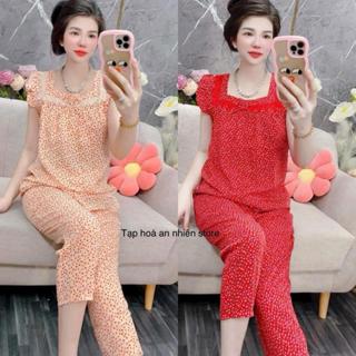 T70 (40-75KG) Đồ bộ quần dài 9 tấc nữ CÓ TÚI lụa 100D phối ren in hoa ngẫu nhiên