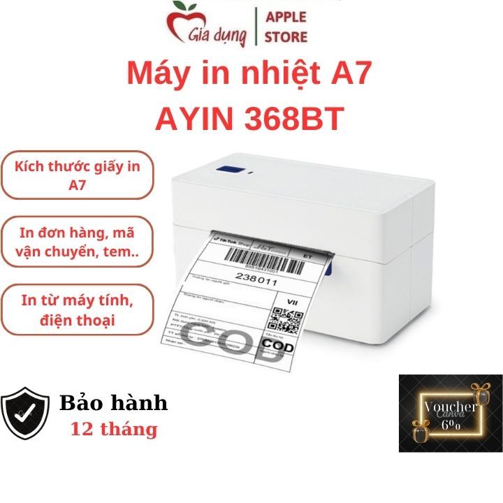 Máy In Nhiệt AYIN 368BT, In Khổ A7 In Đơn Hàng, Minicode, Logo Tự Dán từ Điện Thoại, Máy Tính