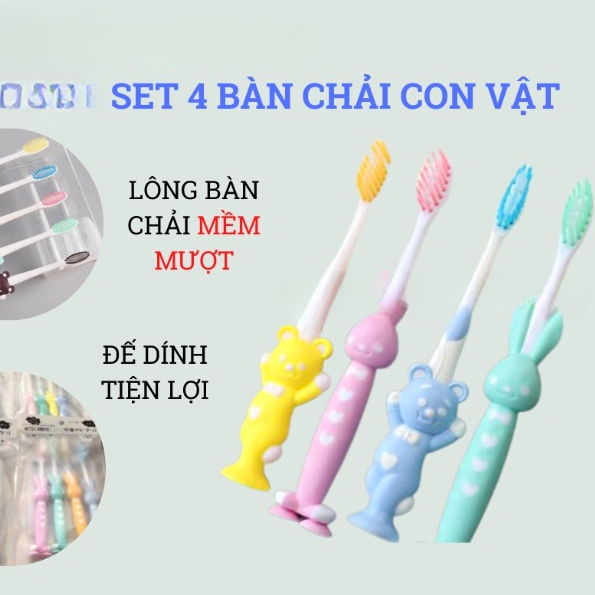 SÉT 4 BÀN CHẢI CON VẬT CHO BÉ DỄ THƯƠNG NGỘ NGĨNH KÍCH THÍCH BÉ VỆ SINH RĂNG MIỆNG