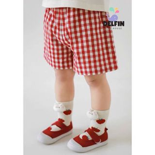 Quần đùi caro cho bé gái, quần đùi bé trai lưng thun delfinkid, quần đùi kẻ caro trẻ em vải đũi xốp nhập cao cấp