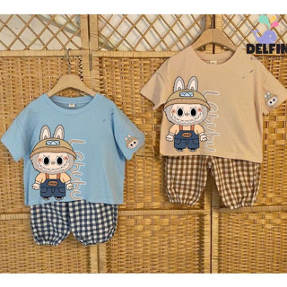 Bộ quần áo cộc tay  LABUBU quần dài kẻ caro bo gấu bé trai Delfinkid, sét bộ quần dài bé trai từ 10-30kg áo cotton 100%