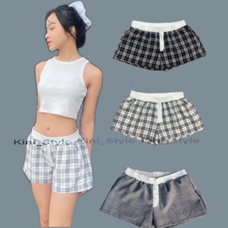 Quần short nữ freesize sọc caro bản lưng thấp chất liệu cotton lưng thun co giãn kini_style.