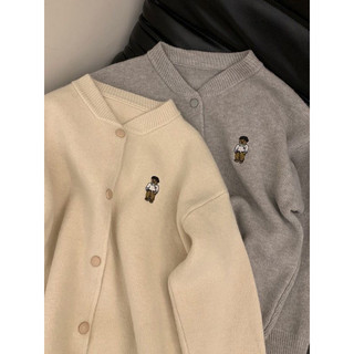  【 Sẵn  Có Ảnh Thật Shop Chụp   Áo Khoác Len Cadigan thêu Gấu ,Cổ Tròn Cúc Bấm  Áo Khoác Len Nữ Mềm Mịn Đẹp 
