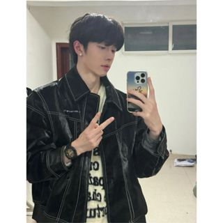 [ XẢ KHO] Áo Khoác Da Nam Chỉ Nổi Kiểu Dáng Boxy Jacket Cổ Bẻ Phong Cách Hàn Quốc